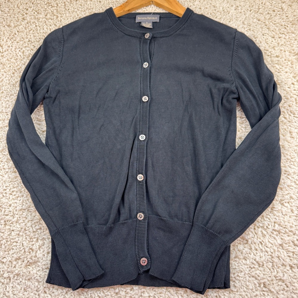 Banana Republic Cardigan Sweater Women Small Black Excellent 100% Silk Crew Neck